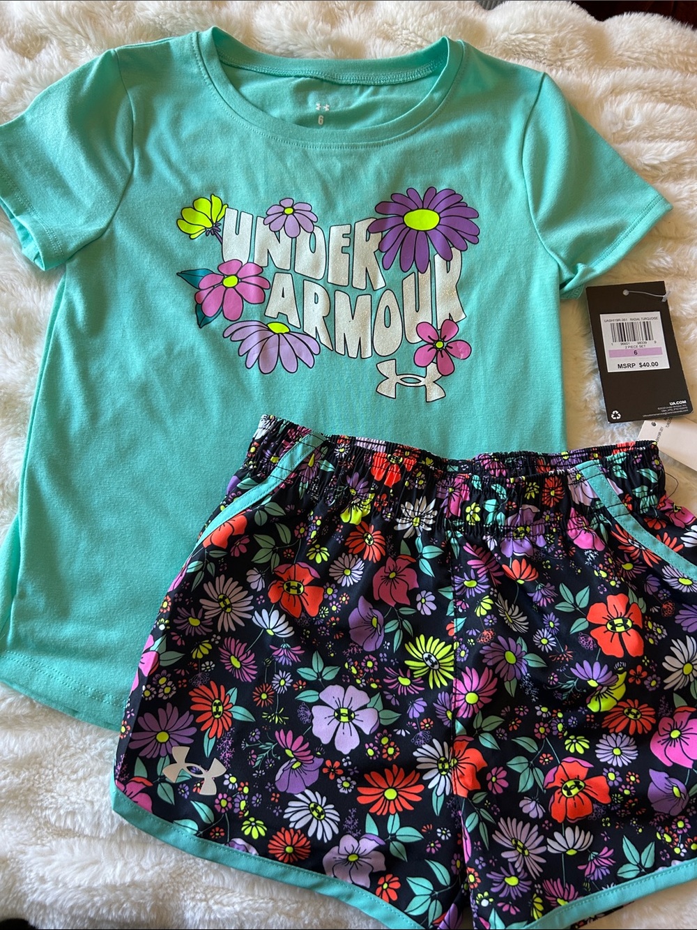 Under Armour Girls Aqua Tee with Black Floral Athletic Shorts
